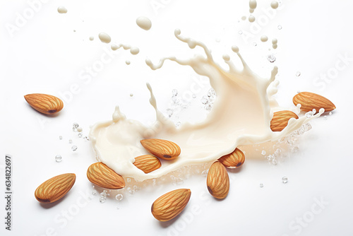 dynamic refreshing almond milk liquid splash with nuts - fresh vegan milk replacement on white background