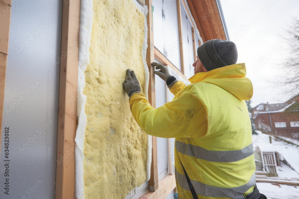 A construction worker is installing glass wool panels for thermal and acoustic insulation in a modern house with a wooden structure.