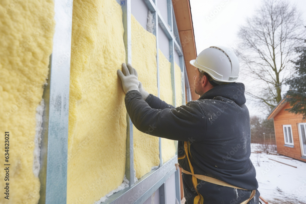 A construction worker is installing thermal insulation panels made of glass wool in a modern house.