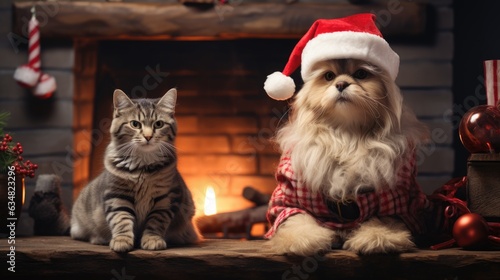 cat and dog wearing adorable Santa Claus outfits while sitting side by side next to a festively adorned fireplace photo