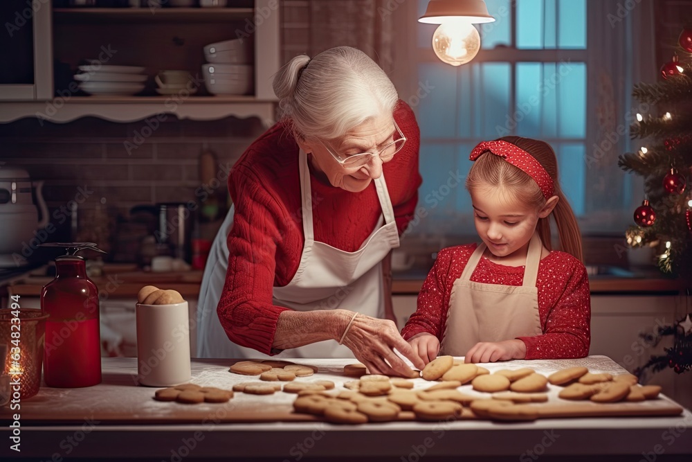 Φωτογραφία Grandmother and her granddaughter are baking Christmas cookies in the festive kitchen
