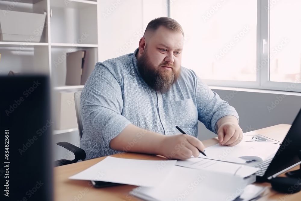 A body-positive man working at a desk in an office wearing a blue collared shirt and writing on paper with a pen.