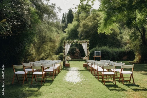 An outdoor wedding ceremony with rows of white chairs on a green lawn, facing a white arch with white drapery and floral arrangements