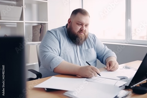 A body-positive man working at a desk in an office wearing a blue collared shirt and writing on paper with a pen.