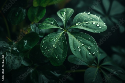 Green backdrop with droplets on foliage. Generative AI