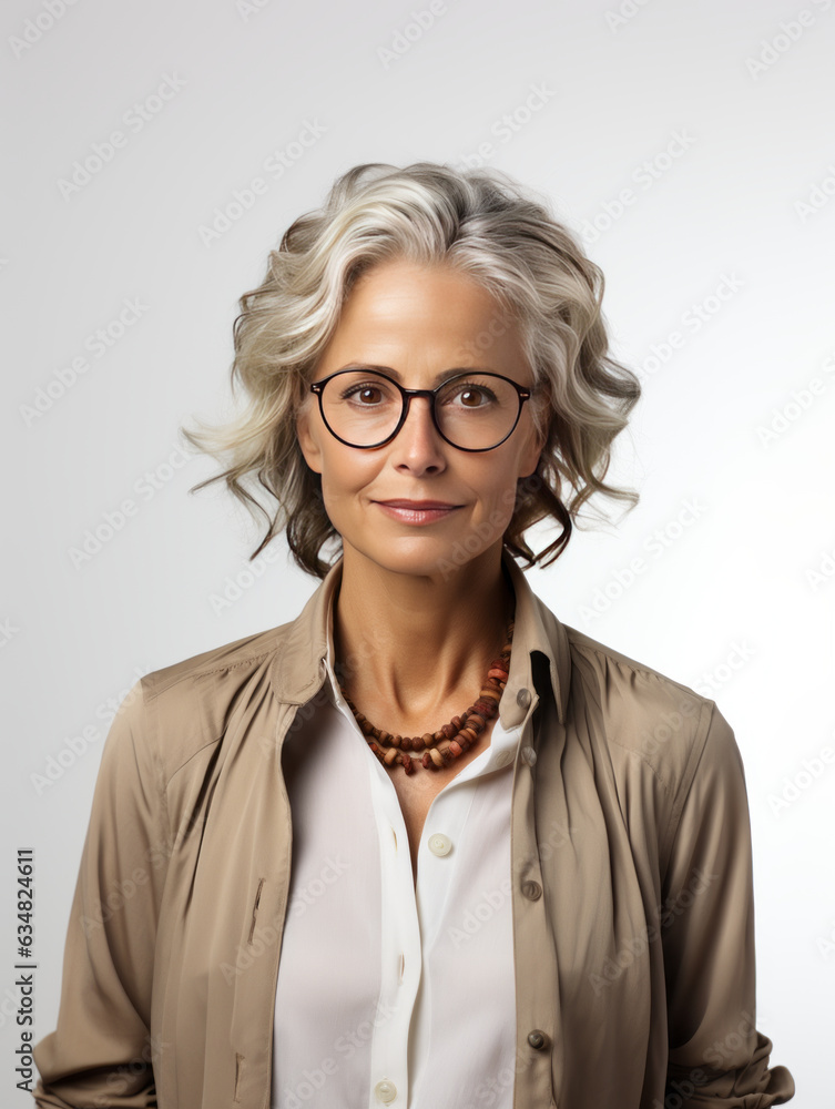 A happy business mature 50s woman on transparent white background