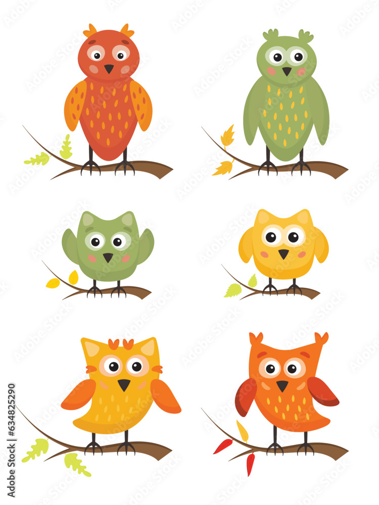 Cute owls. Collection of funny, colorful, friendly owl, joyful forest or zoo birds, characters for children. Cartoon set for cards, invitation, party attributes, prints. Cute owls. Collection of funny, colorful, friendly owl, joyful forest or zoo birds, characters for children. Cartoon set for cards, invitation, party attributes, prints.