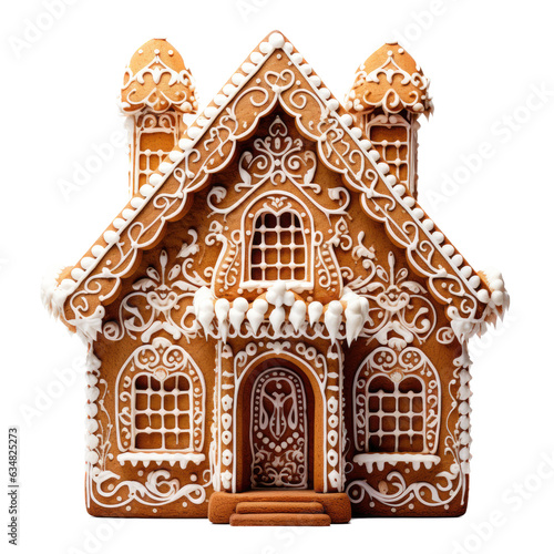 a Gingerbread house with fancy decorated frosting, front view in a Holiday-themed, photorealistic illustration in a PNG, cutout, and isolated. generative ai