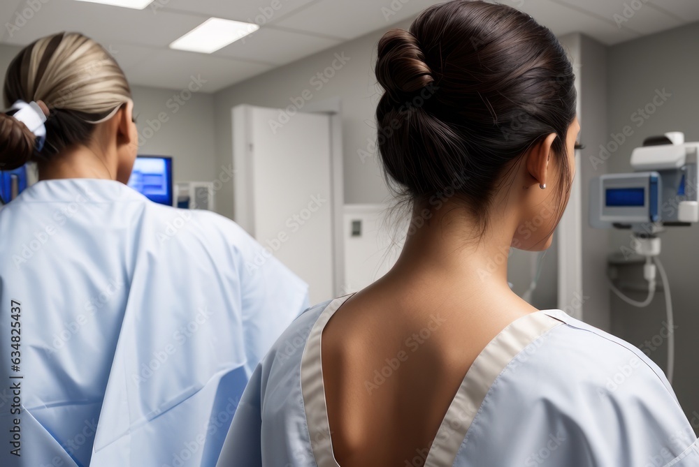 Back view of surgeon or nurse male in a hospital intensive care unit. A clinician leaves the operating room or intensive care unit exhausted Back view of surgeon or nurse male in a hospital intensive care unit. A clinician leaves the operating room or intensive care unit exhausted