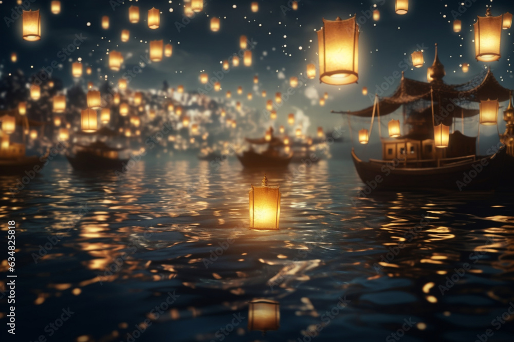 Obraz premium Lanterns in the night sky over the river, mid-autumn day in China