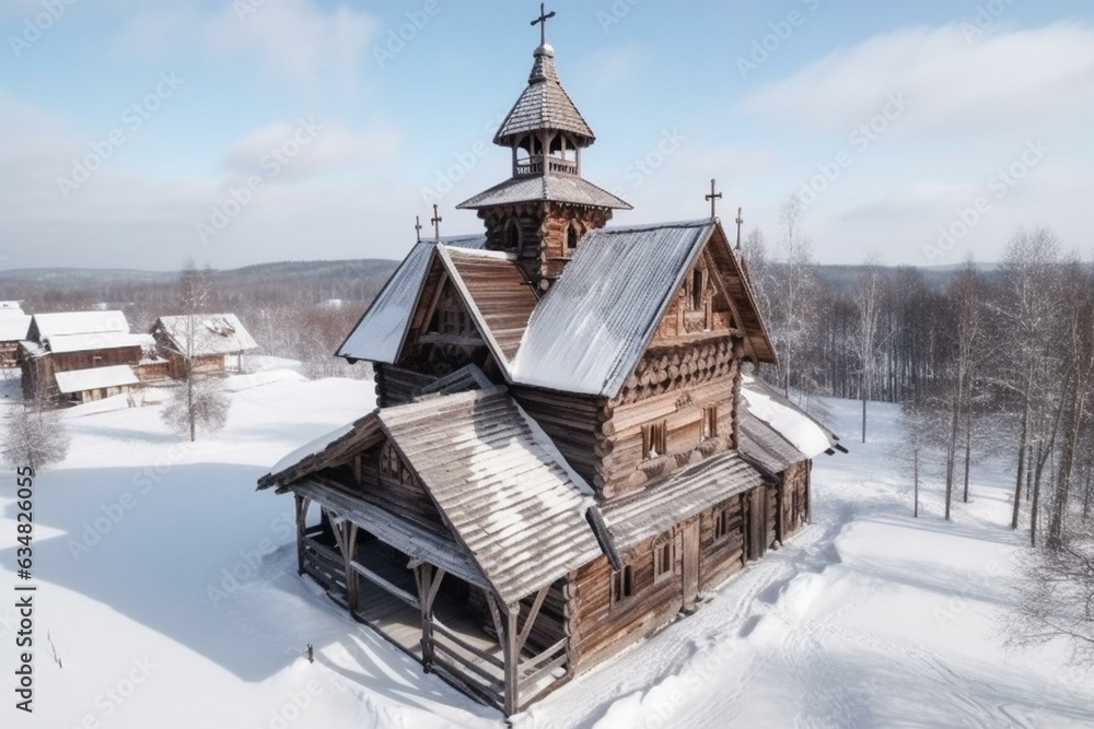 Top view of a wooden church and snowy landscape in Russian North architecture. Generative AI