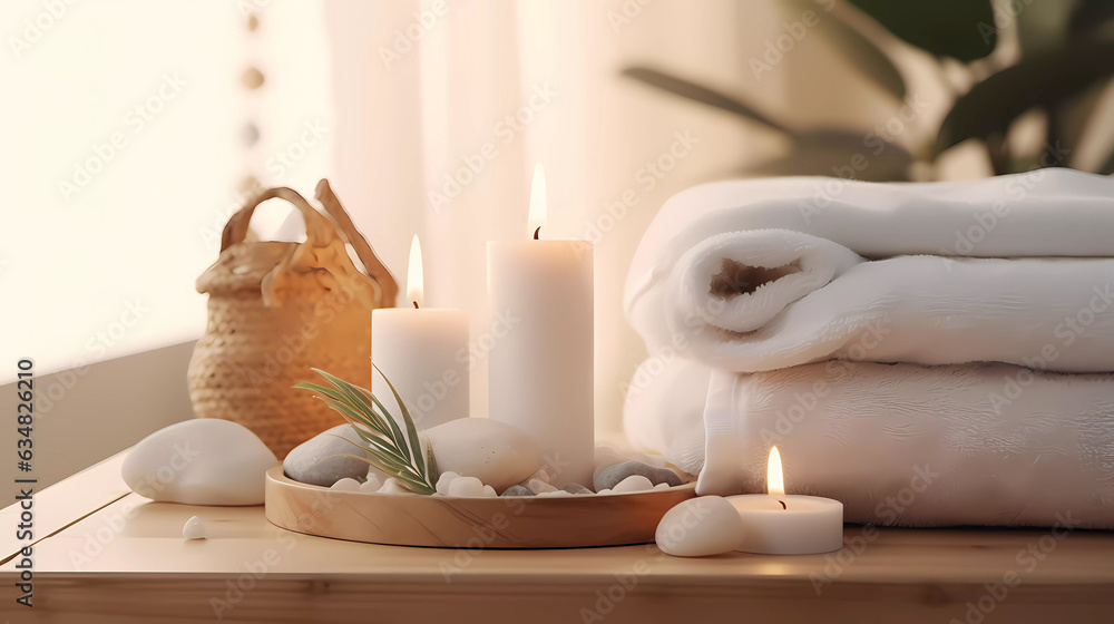 Spa accessory composition set in day spa hotel, beauty wellness centre. Spa product are placed in luxury spa resort room, ready for massage therapy from professional service.