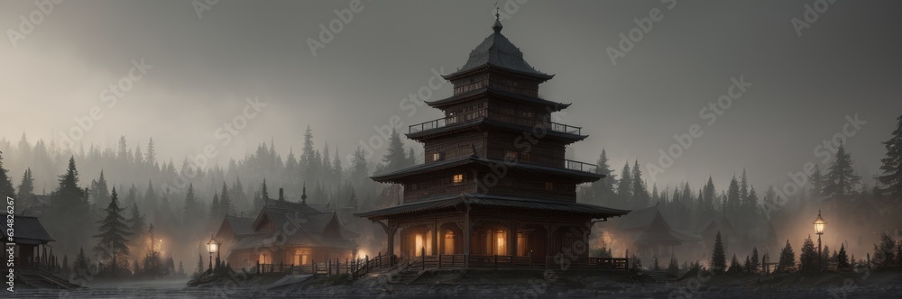 Exterior view of ancient beautiful pagoda building framed by old buildings and forest on background with cloudy sky - obrazy, fototapety, plakaty 