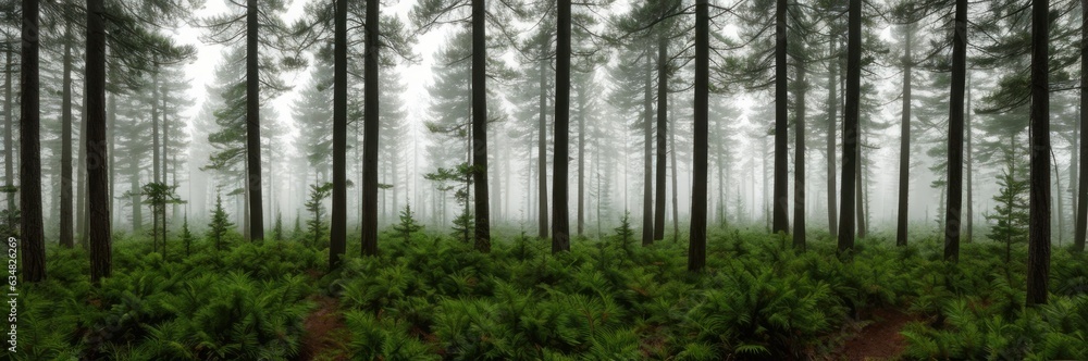 Beautiful pine and fir forest with thick layer of green moss covering the forest floor. Scenic view foggy autumn or summer morning land background. Magical Deep foggy Misty Old Forest Beautiful pine and fir forest with thick layer of green moss covering the forest floor. Scenic view foggy autumn or summer morning land background. Magical Deep foggy Misty Old Forest