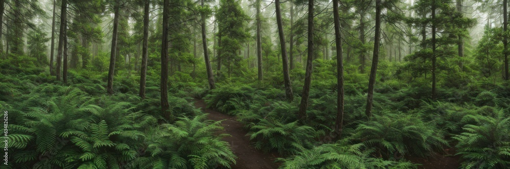 Beautiful pine and fir forest with thick layer of green moss covering the forest floor. Scenic view foggy autumn or summer morning land background. Magical Deep foggy Misty Old Forest Beautiful pine and fir forest with thick layer of green moss covering the forest floor. Scenic view foggy autumn or summer morning land background. Magical Deep foggy Misty Old Forest