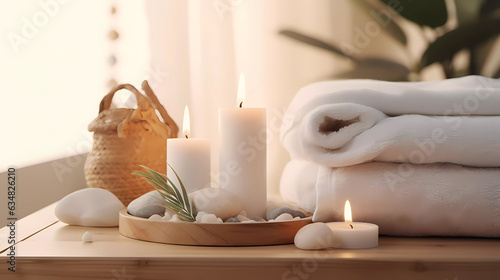 Spa accessory composition set in day spa hotel  beauty wellness centre. Spa product are placed in luxury spa resort room  ready for massage therapy from professional service.