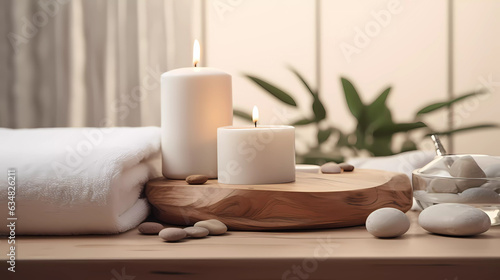 Spa accessory composition set in day spa hotel, beauty wellness centre. Spa product are placed in luxury spa resort room, ready for massage therapy from professional service.