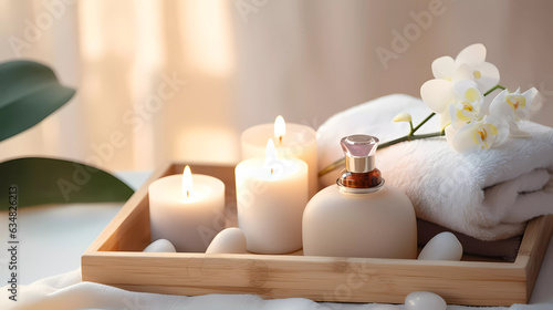 Spa accessory composition set in day spa hotel  beauty wellness centre. Spa product are placed in luxury spa resort room  ready for massage therapy from professional service.