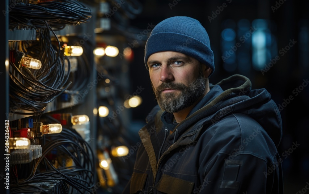 Amidst a web of intricate electrical connections, the electrician's cheerful demeanor exemplifies their adeptness, guaranteeing the safe and reliable functioning of electrical systems. Amidst a web of intricate electrical connections, the electrician's cheerful demeanor exemplifies their adeptness, guaranteeing the safe and reliable functioning of electrical systems.