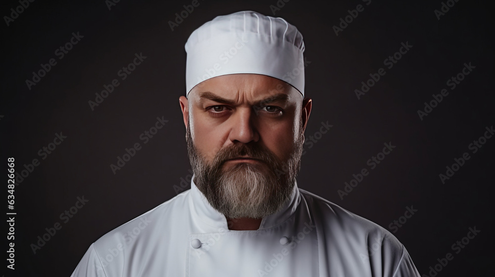 Serious cook in white uniform, chef hat. Portrait of a serious chef cook.generative ai Serious cook in white uniform, chef hat. Portrait of a serious chef cook.generative ai