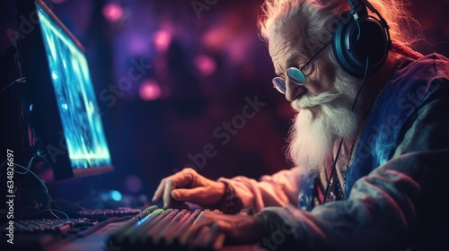 Old man playing on computer late at night in Modern computer club.