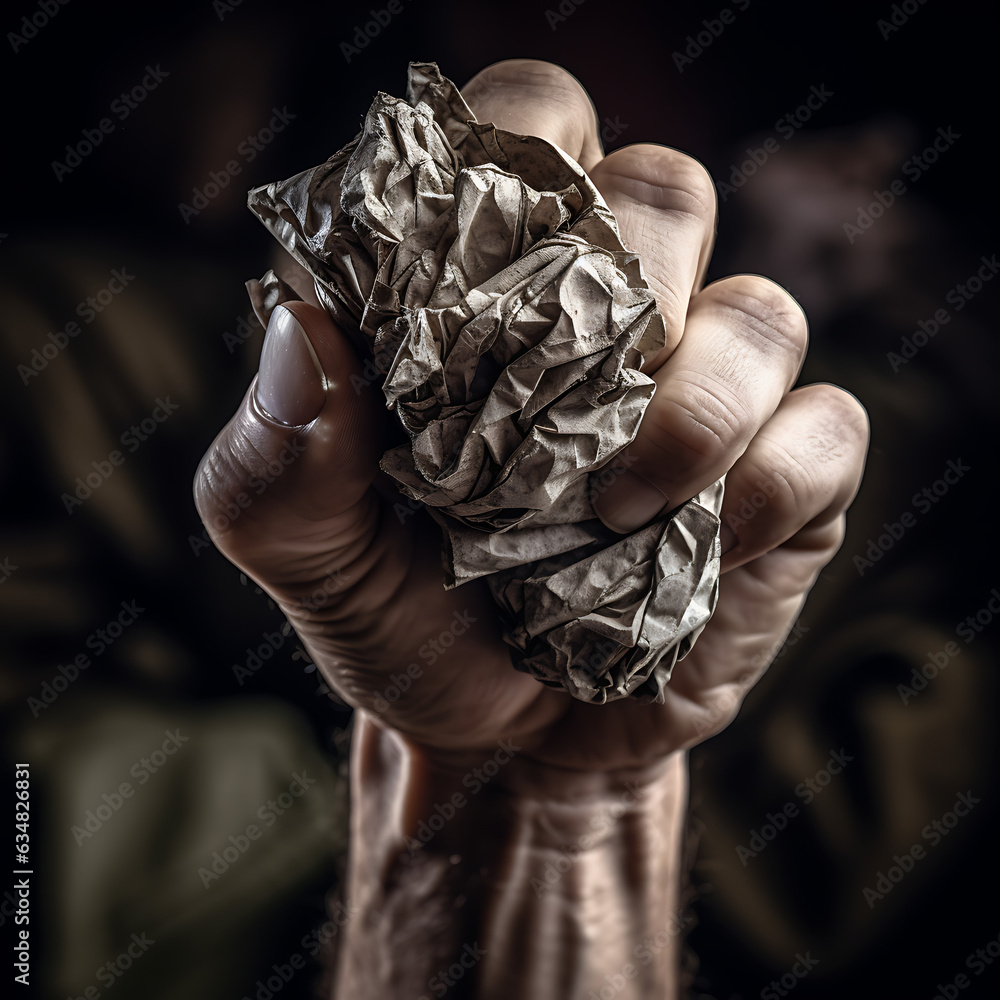Newspaper in hand, crumpled paper in fist, reading newspaper, throwing