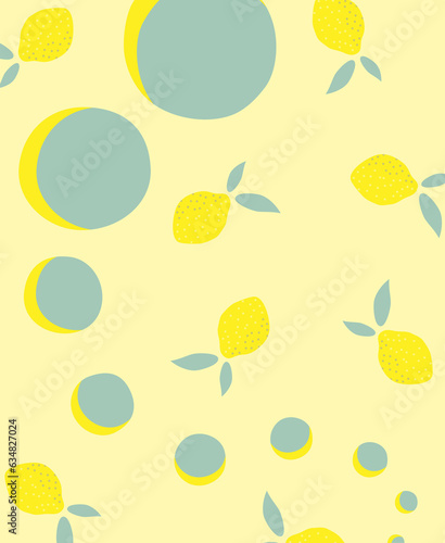 Juicy background with lemon, leaves and circles for girls. Vector illustration with yellow background