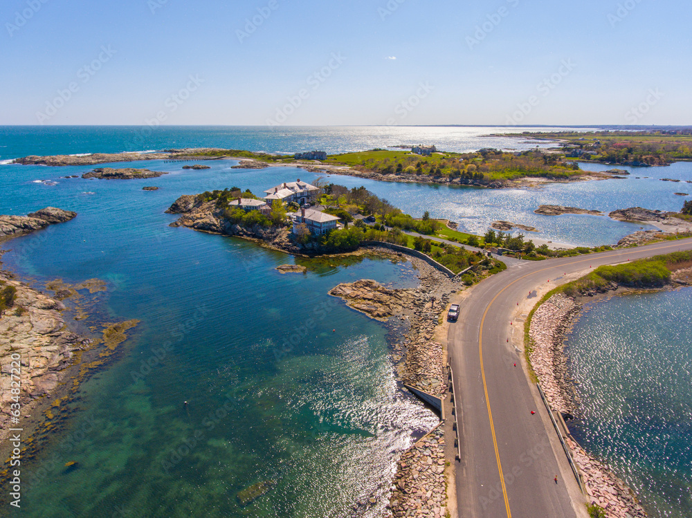 Aerial view of historic mansions at Ocean Drive Historic District near Goose Neck in city of Newport, Rhode Island RI, USA.