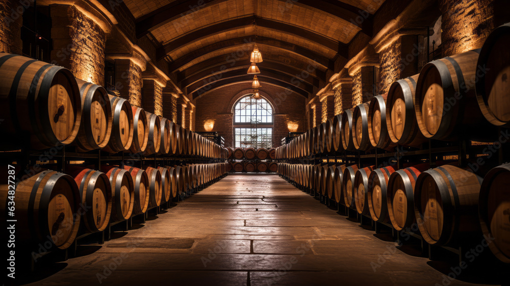 Wine barrels in wine vaults, Wine or whiskey barrels, French wooden barrels.
