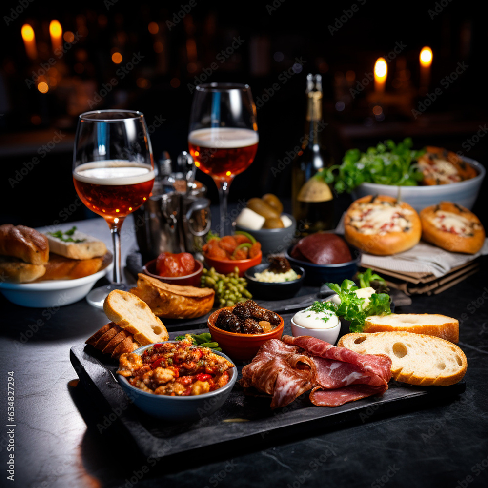 AI generated: table with Mediterranean food and beers. Aperitif and tapas.