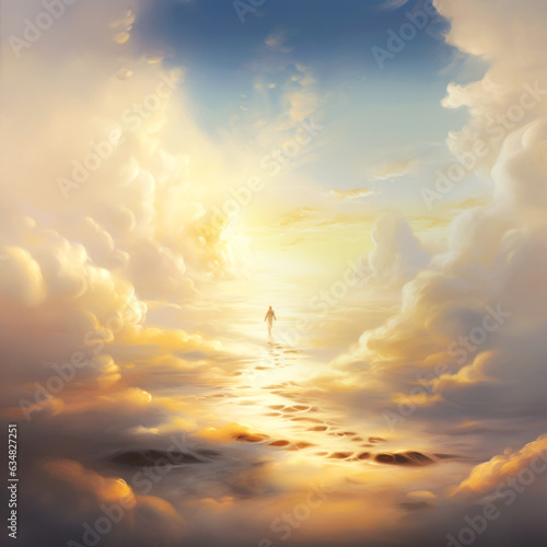 Concept of a path winding through the clouds, ending at a brilliant light in the distance. It symbolizes heaven, afterlife, a near-death experience, or simply the path to a goal and bright future.