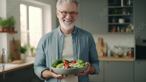 Portrait of pensioner mature man holding dish of healthy vegetable salad with smiley face.