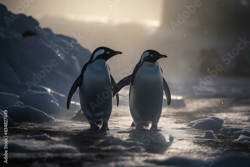 Fotografija Penguins walking in snowy terrain. Generative AI