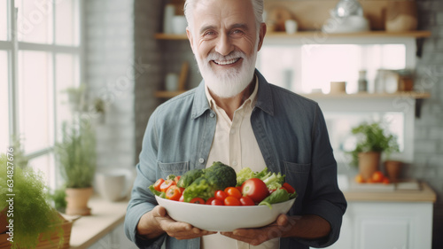 Portrait of pensioner mature man holding dish of healthy vegetable salad with smiley face.