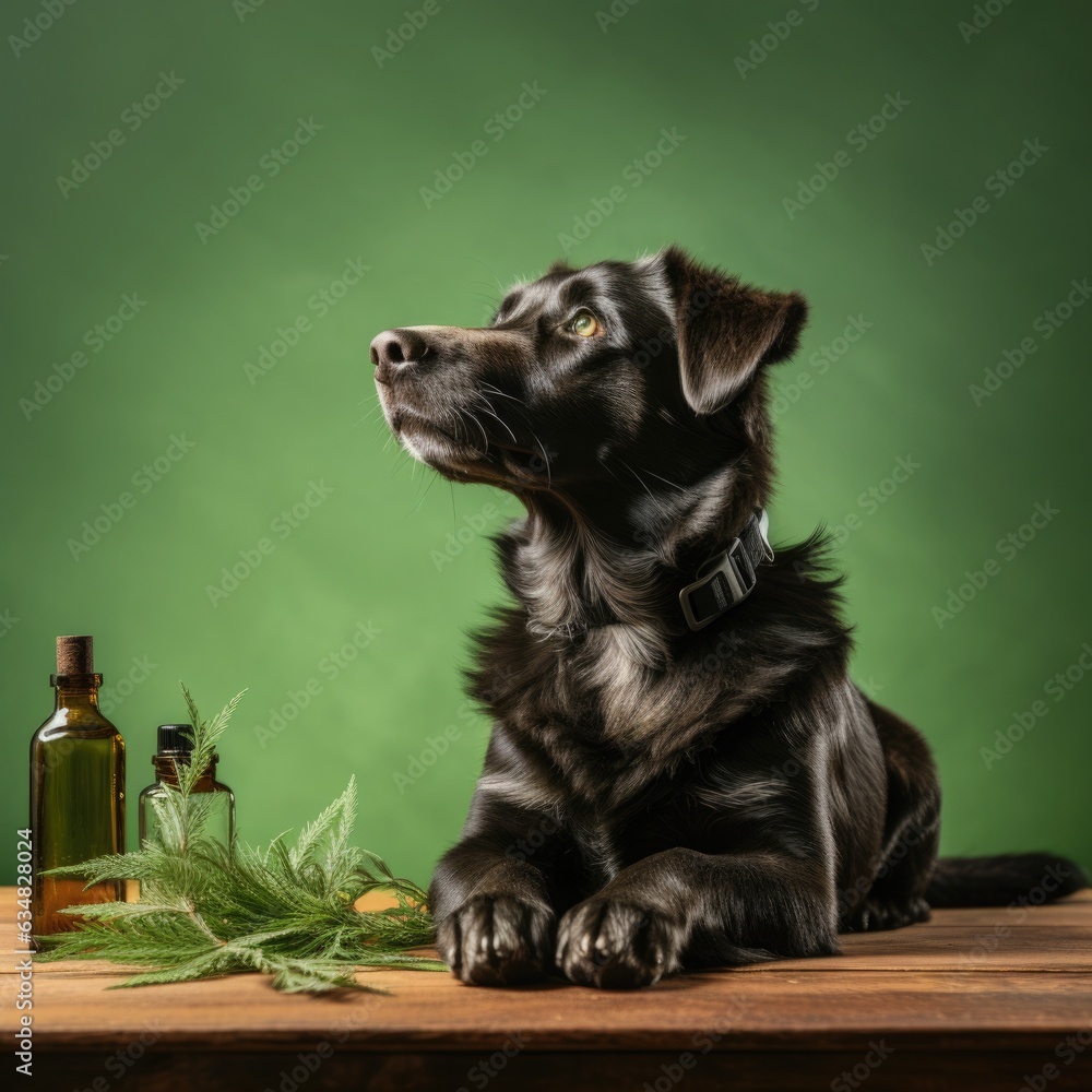 Dog sniffing marijuana leaf. CBD oil is used in veterinary medicine as a sedative and pain reliever. Marijuana pets concept. Dog sniffing marijuana leaf. CBD oil is used in veterinary medicine as a sedative and pain reliever. Marijuana pets concept.