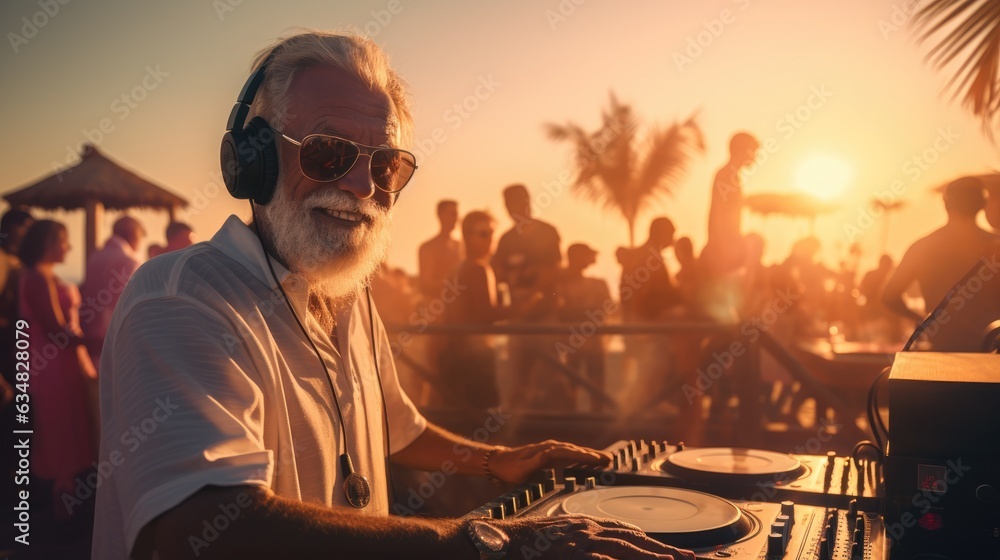 Attractive gray-haired aged man DJ at a beach party during sunset.