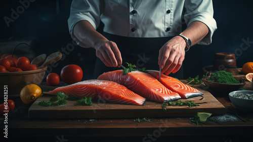 Sea cuisine, Professional cook prepares pieces of red fish, salmon, trout