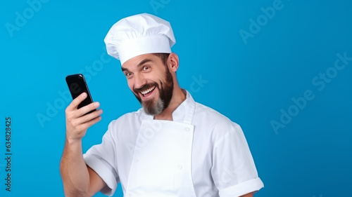 Excited young bearded male chef or cook baker man in apron white t-shirt toque chefs hat .generative ai
