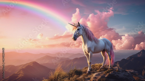 cute pink rainbow unicorn standing proudly on a mountain top overlooking a breathtaking landscape