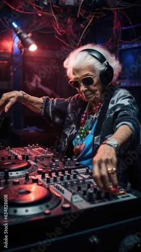 Bright elderly woman DJ at a rave. Techno party in the club. Grandma DJ.