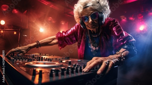Bright elderly woman DJ at a rave. Techno party in the club. Grandma DJ.