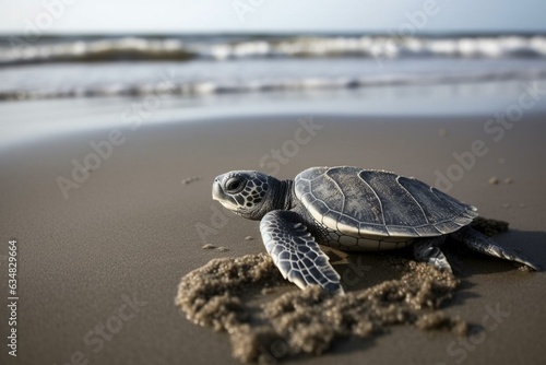 A recently-born sea turtle on the shoreline. Generative AI