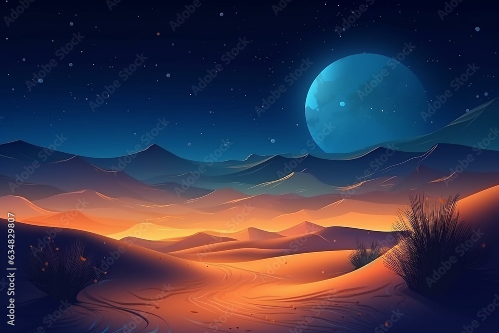Contemporary peaceful desert wallpaper with sand dunes and gradient starry sky. Generative AI