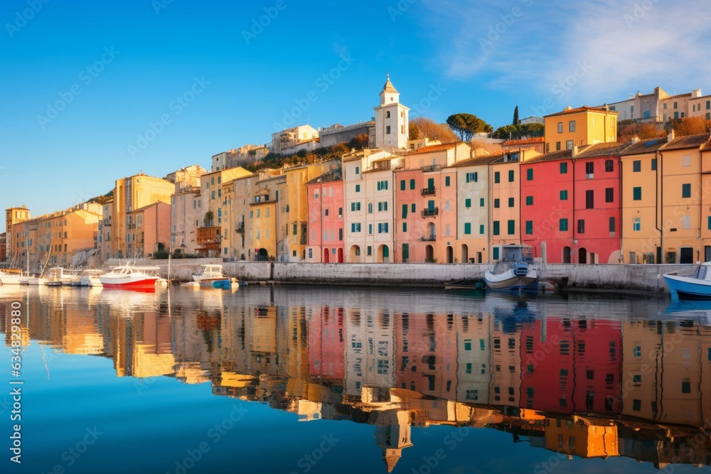 Vibrant houses, Bastia port, reflective waters & Corsica morning. Travel concept background. Generative AI