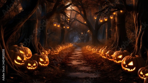  a path lined with carved pumpkins in a forest at night.  generative ai