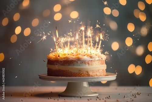 Birthday cake on a stand decorated with a sweets, sparklers on a backgrounds with lights bokeh. Generative AI