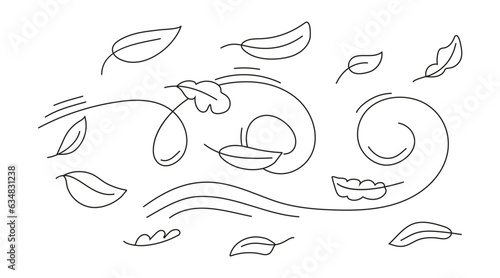 Autumn leaf line sketch vector. Wind doodle blows. Leaf falls down. Strong gust of wind.