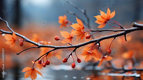 Closeup of leaves on a branch in autumn. autumn background © zamuruev