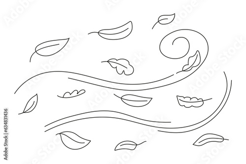 Autumn leaf line sketch vector. Wind doodle blows. Leaf falls down. Strong gust of wind.