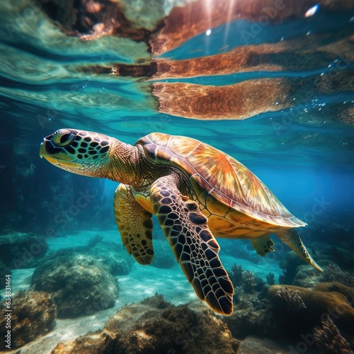 Submerged Elegance: Deep Sea Underwater Photography Featuring Graceful Sea Turtle © Yago